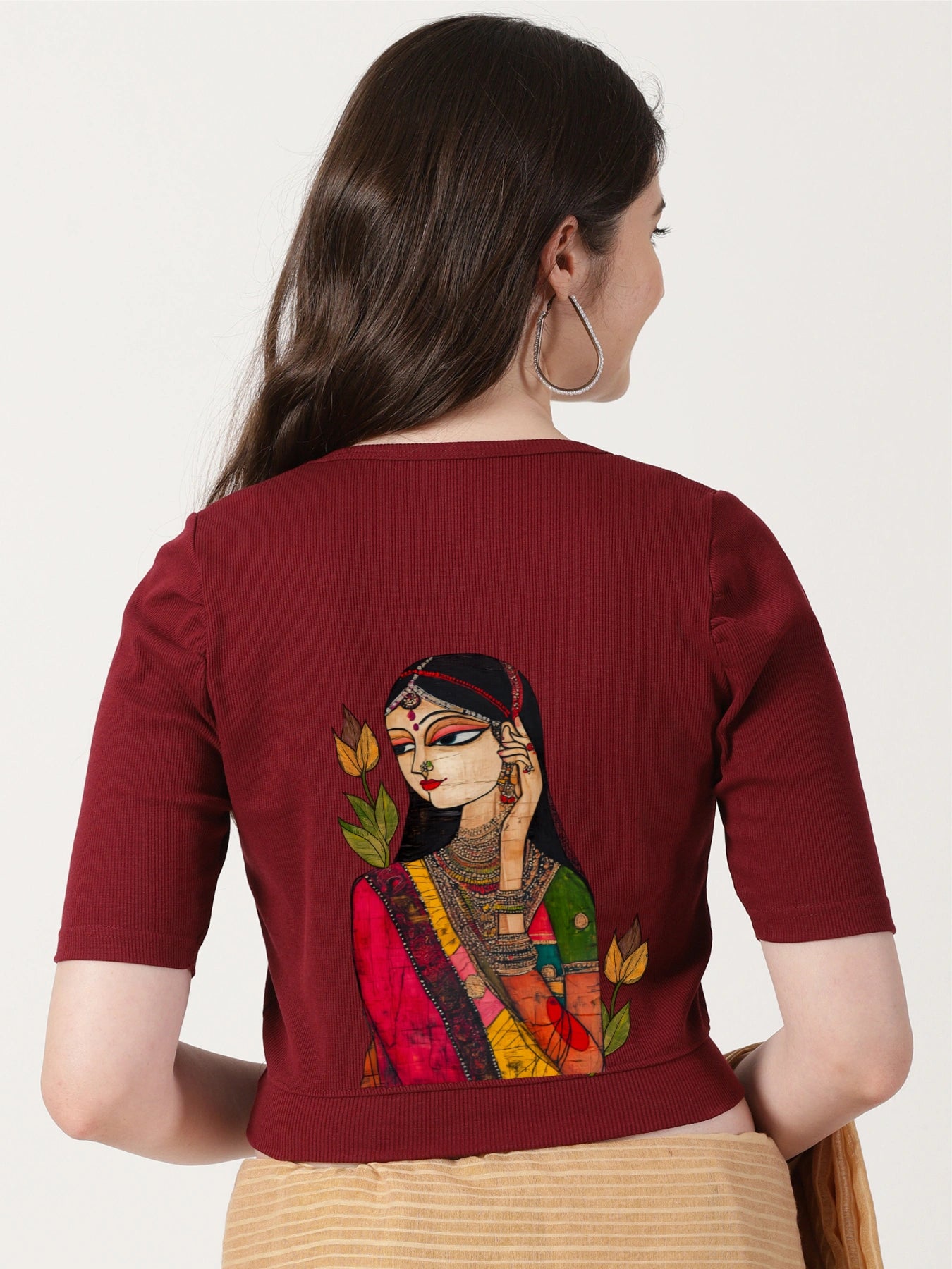 Women Stretchable Rib Square Neck Puff Sleeve Blouse Back Print U0243 Maroon