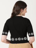 Women Stretchable Rib Square Neck Puff Sleeve Blouse Back Print U0244 Black