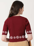 Women Stretchable Rib Square Neck Puff Sleeve Blouse Back Print U0244 Maroon