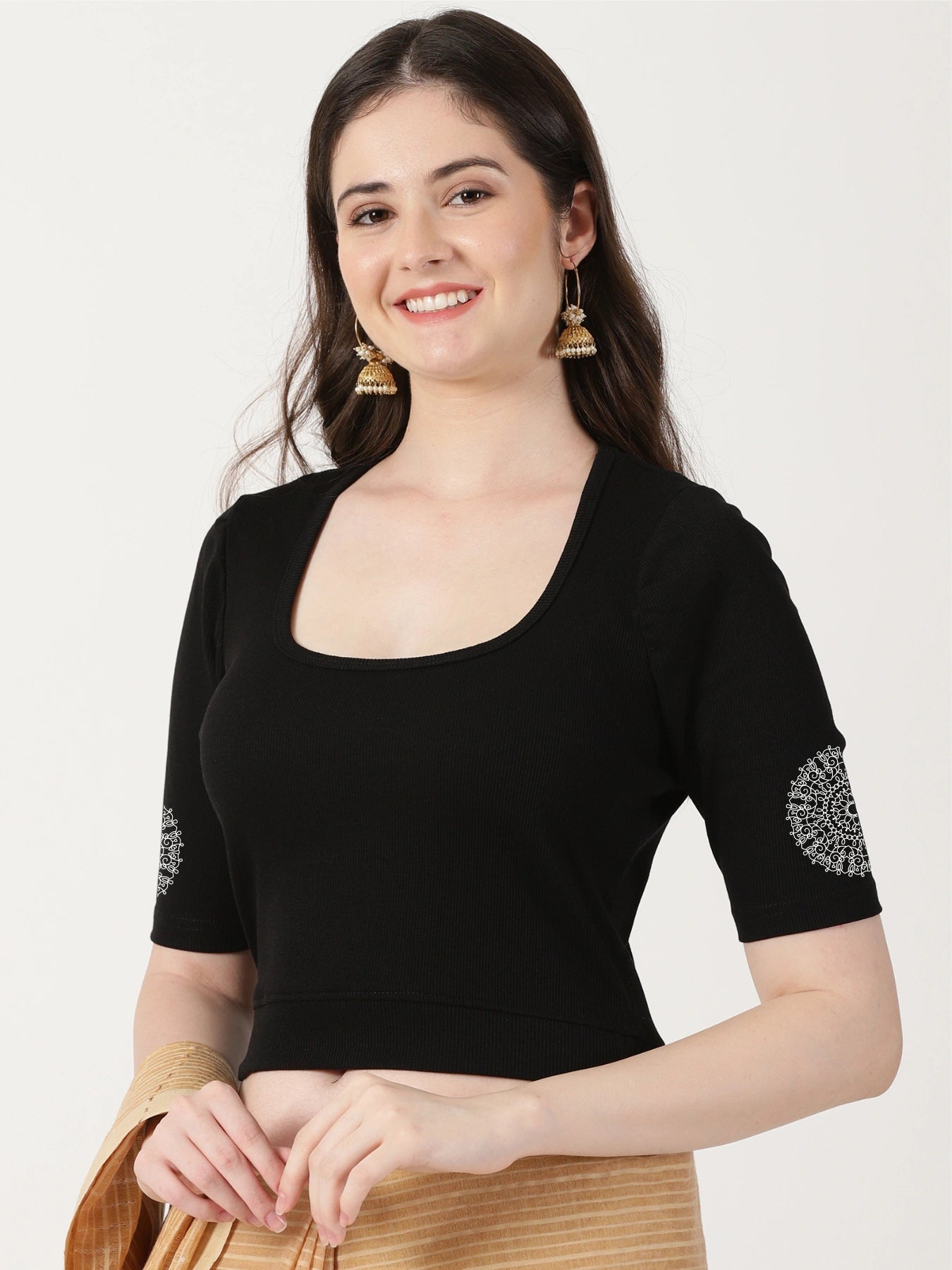 Women Stretchable Rib Square Neck Puff Sleeve Blouse Back Print U0245 Black