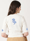 Women Stretchable Rib Square Neck Puff Sleeve Blouse Back Print U0246 Cream