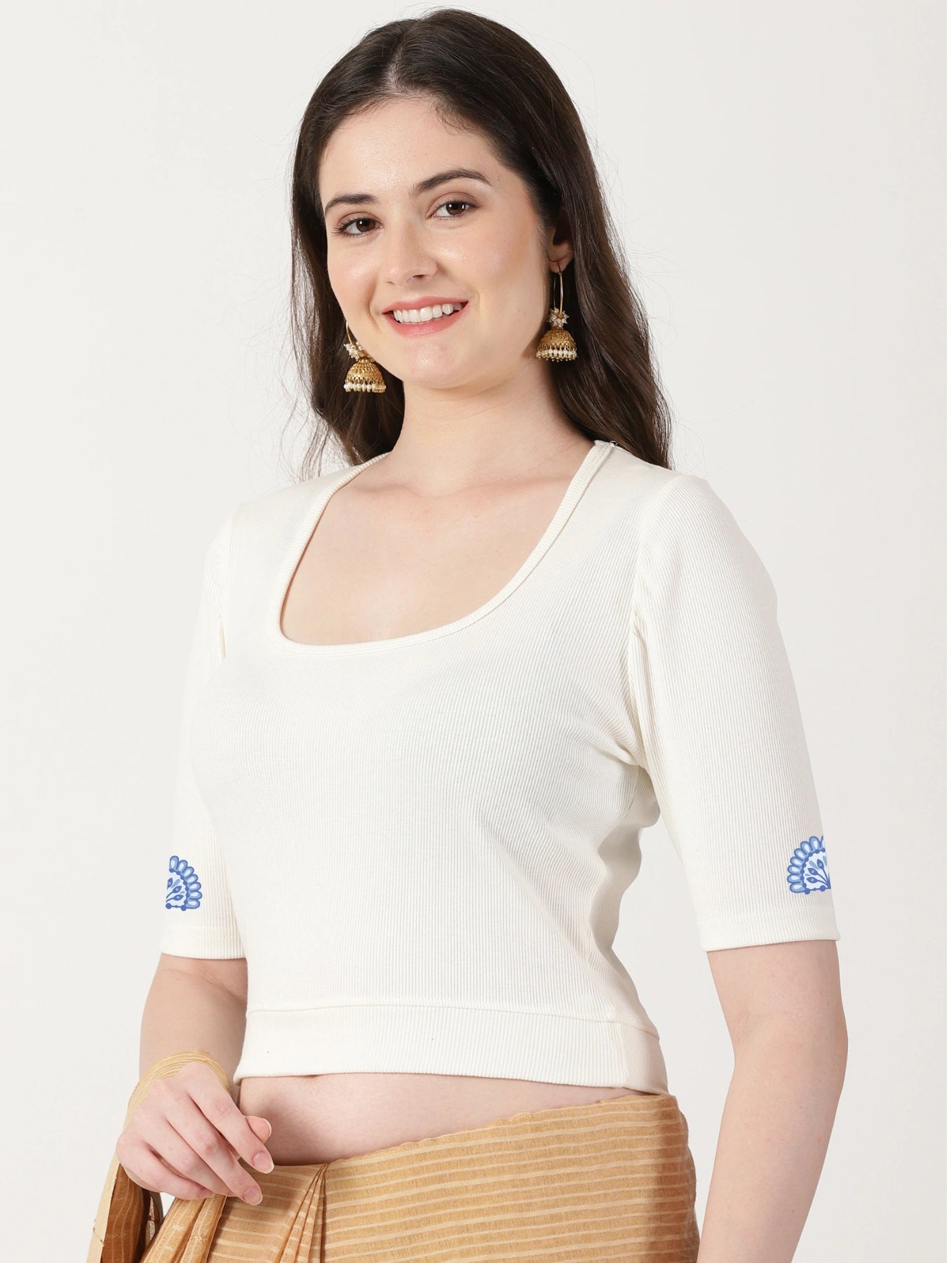 Women Stretchable Rib Square Neck Puff Sleeve Blouse Back Print U0246 Cream