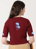 Women Stretchable Rib Square Neck Puff Sleeve Blouse Back Print U0246 Maroon