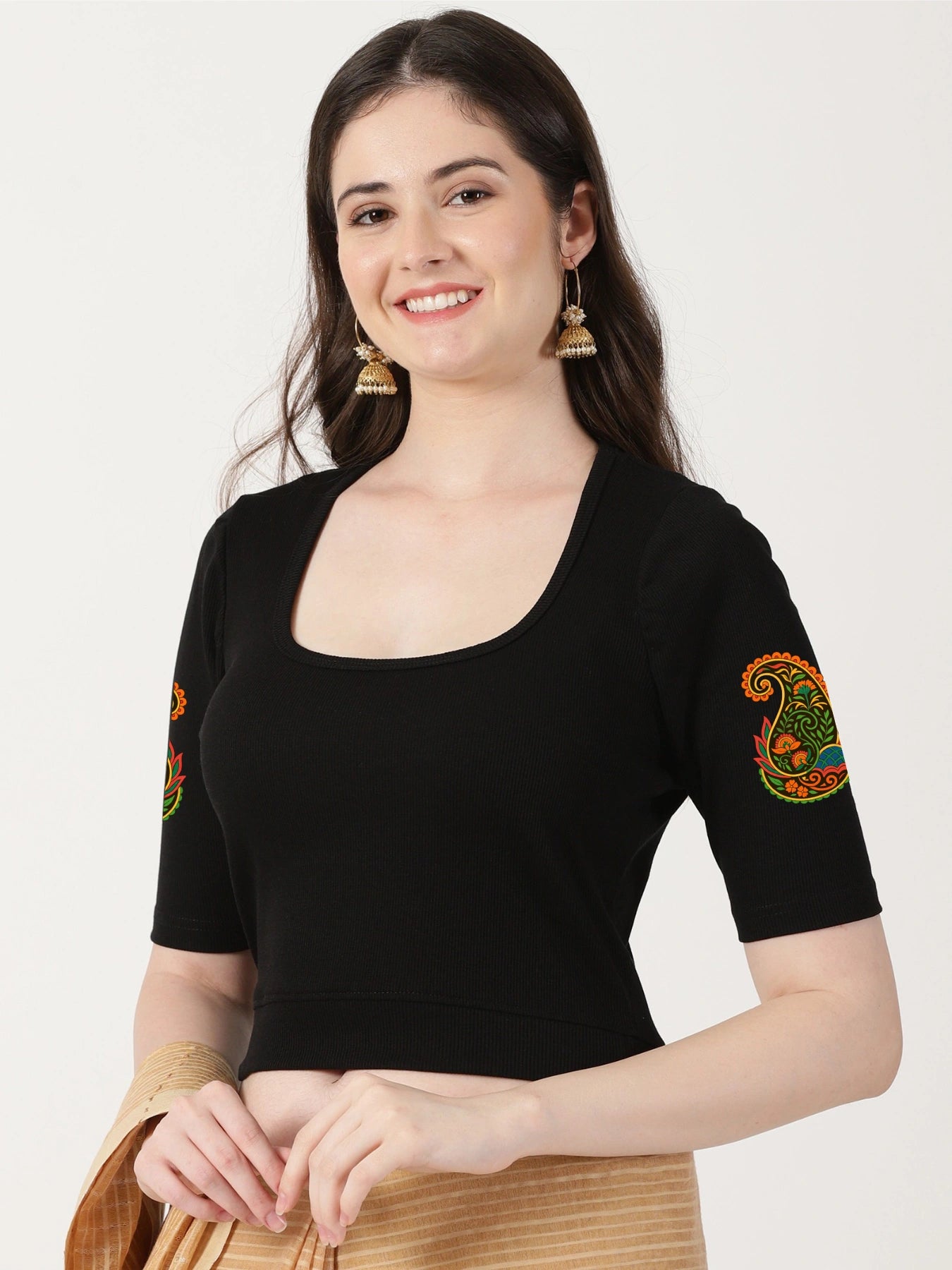 Women Stretchable Rib Square Neck Puff Sleeve Blouse Back Print U0247 Black