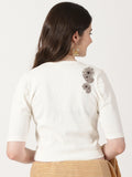 Women Stretchable Rib Square Neck Puff Sleeve Blouse Back Print U0248 Cream