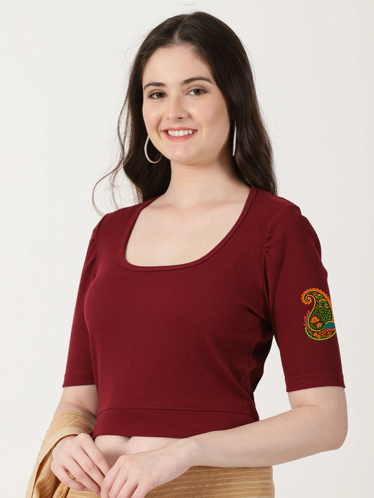 Women Stretchable Rib Square Neck Puff Sleeve Blouse Back Print U0247 Maroon