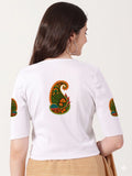 Women Stretchable Rib Square Neck Puff Sleeve Blouse Back Print U0247 White