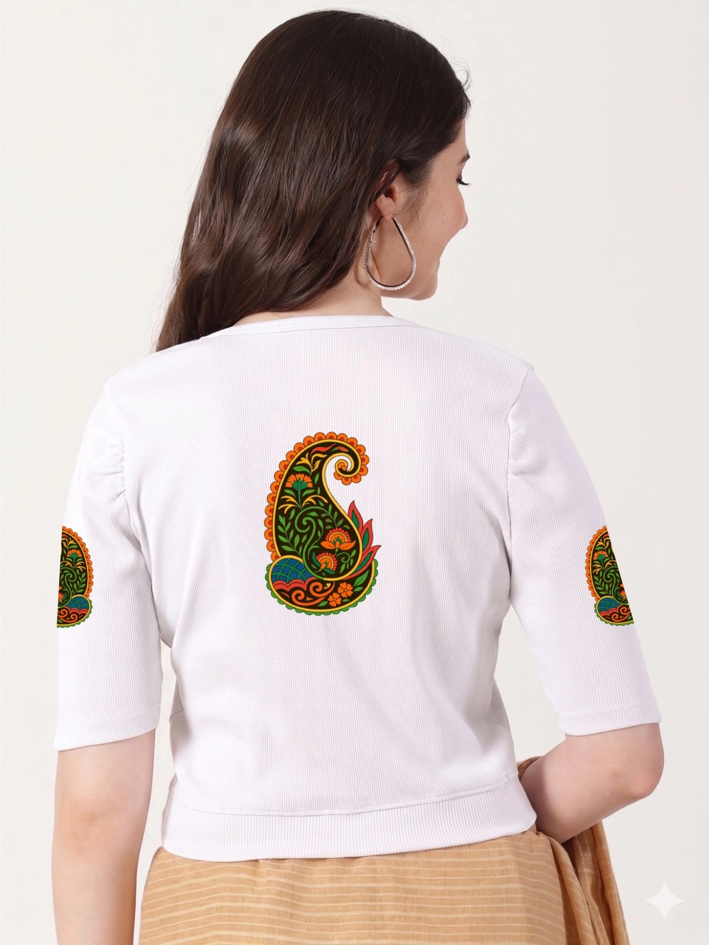 Women Stretchable Rib Square Neck Puff Sleeve Blouse Back Print U0247 White