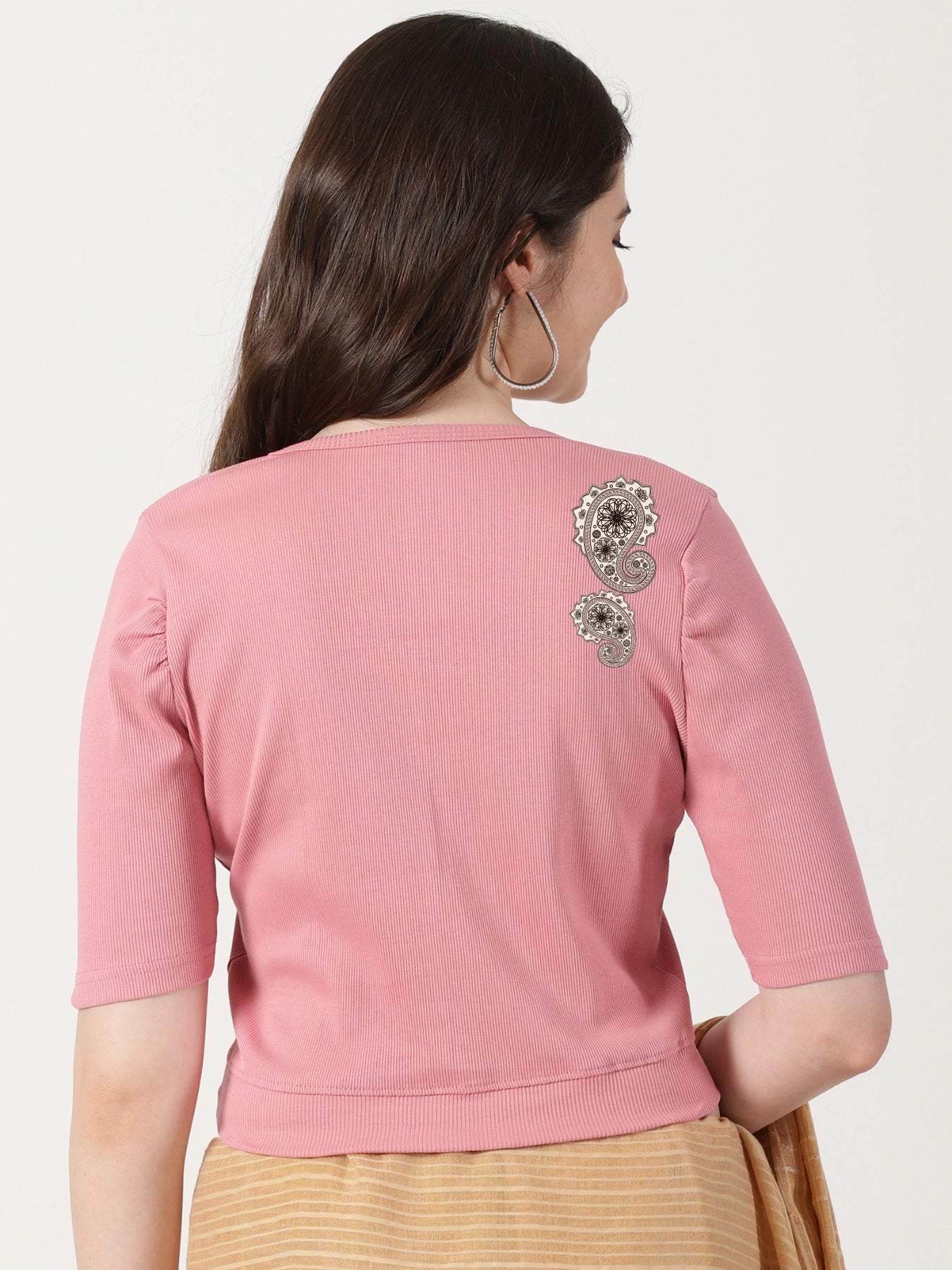 Women Stretchable Rib Square Neck Puff Sleeve Blouse Back Print U0248 Wine