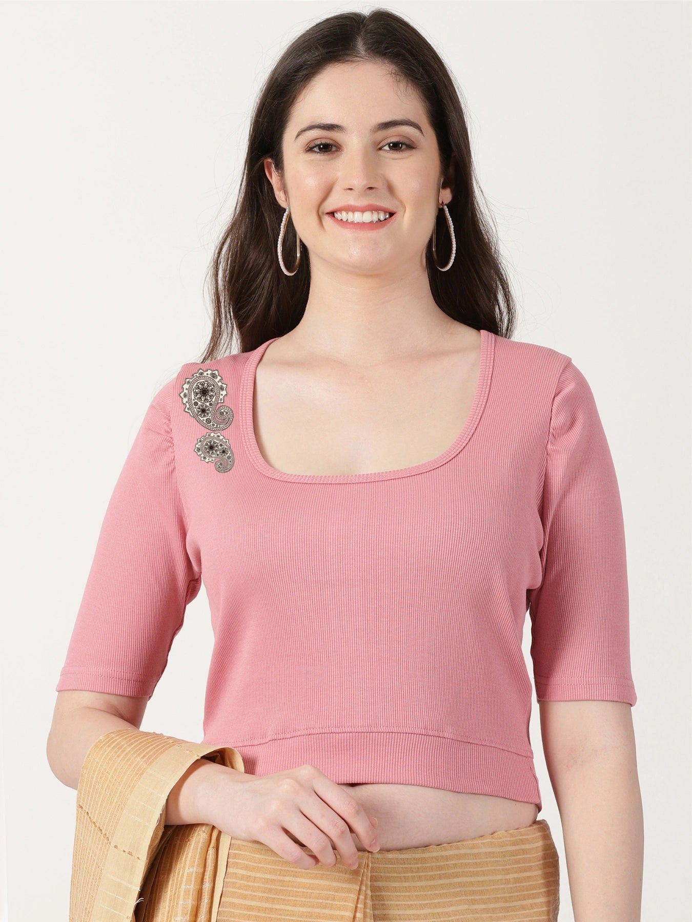 Women Stretchable Rib Square Neck Puff Sleeve Blouse Back Print U0248 Wine