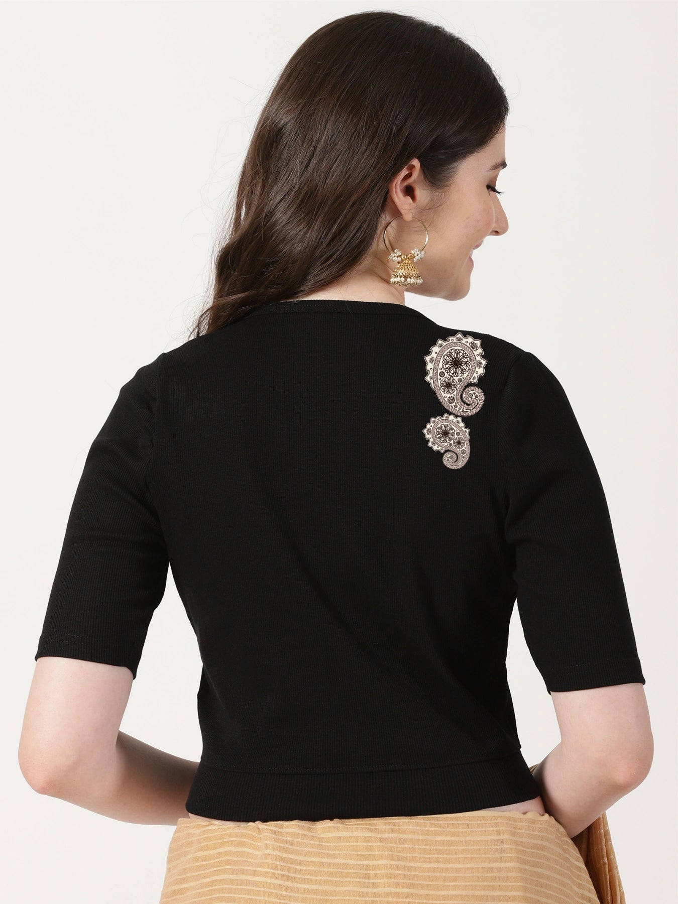 Women Stretchable Rib Square Neck Puff Sleeve Blouse Back Print U0248 Black