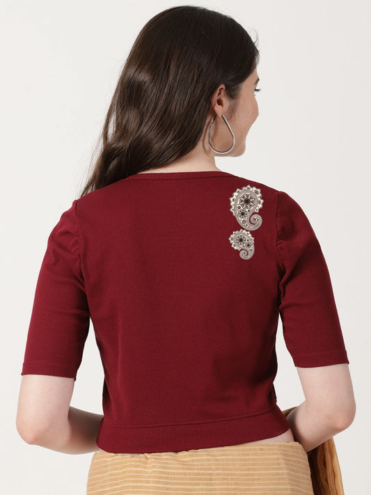 Women Stretchable Rib Square Neck Puff Sleeve Blouse Back Print U0248 Maroon