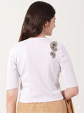Women Stretchable Rib Square Neck Puff Sleeve Blouse Back Print U0248 White