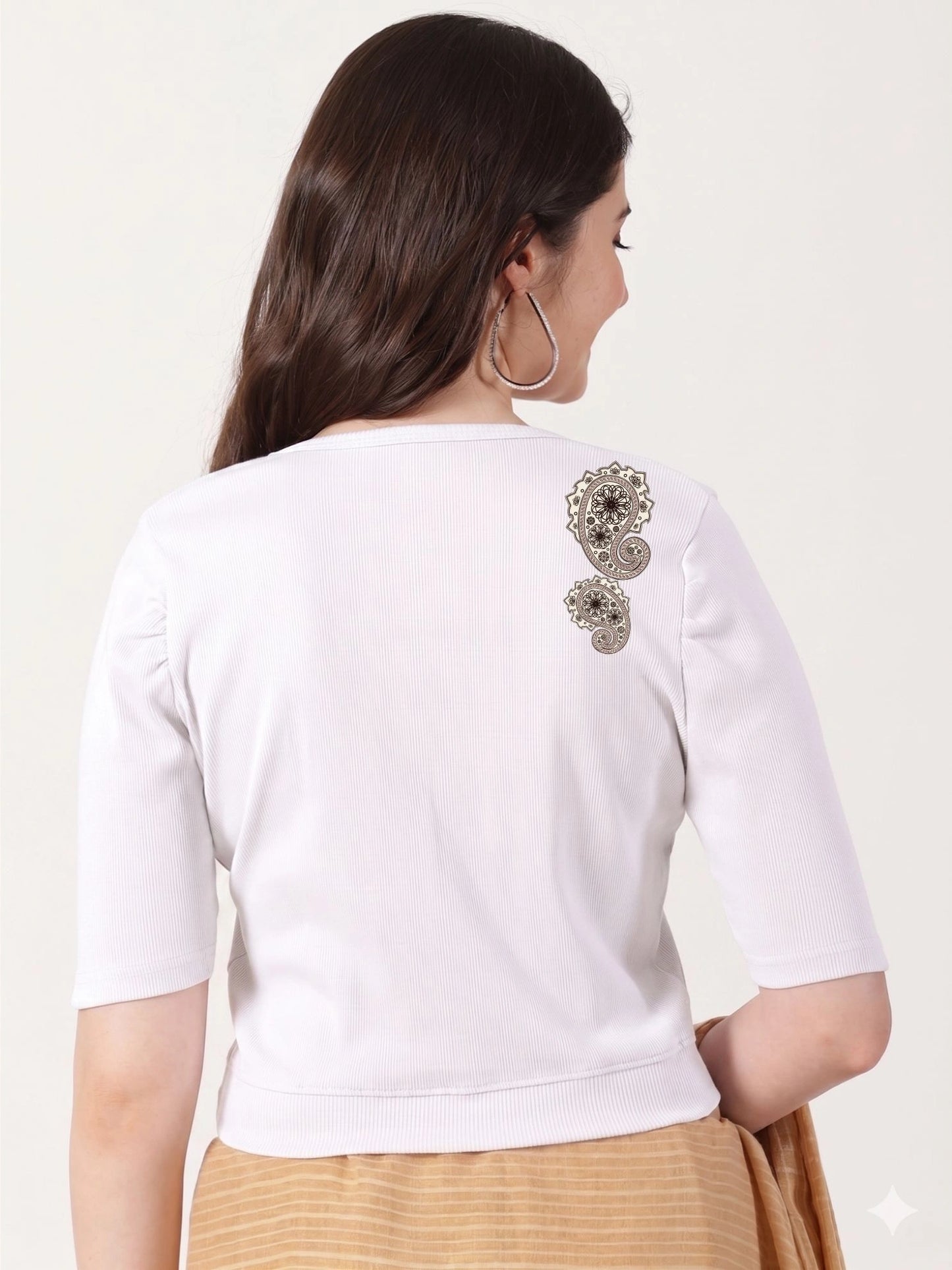 Women Stretchable Rib Square Neck Puff Sleeve Blouse Back Print U0248 White
