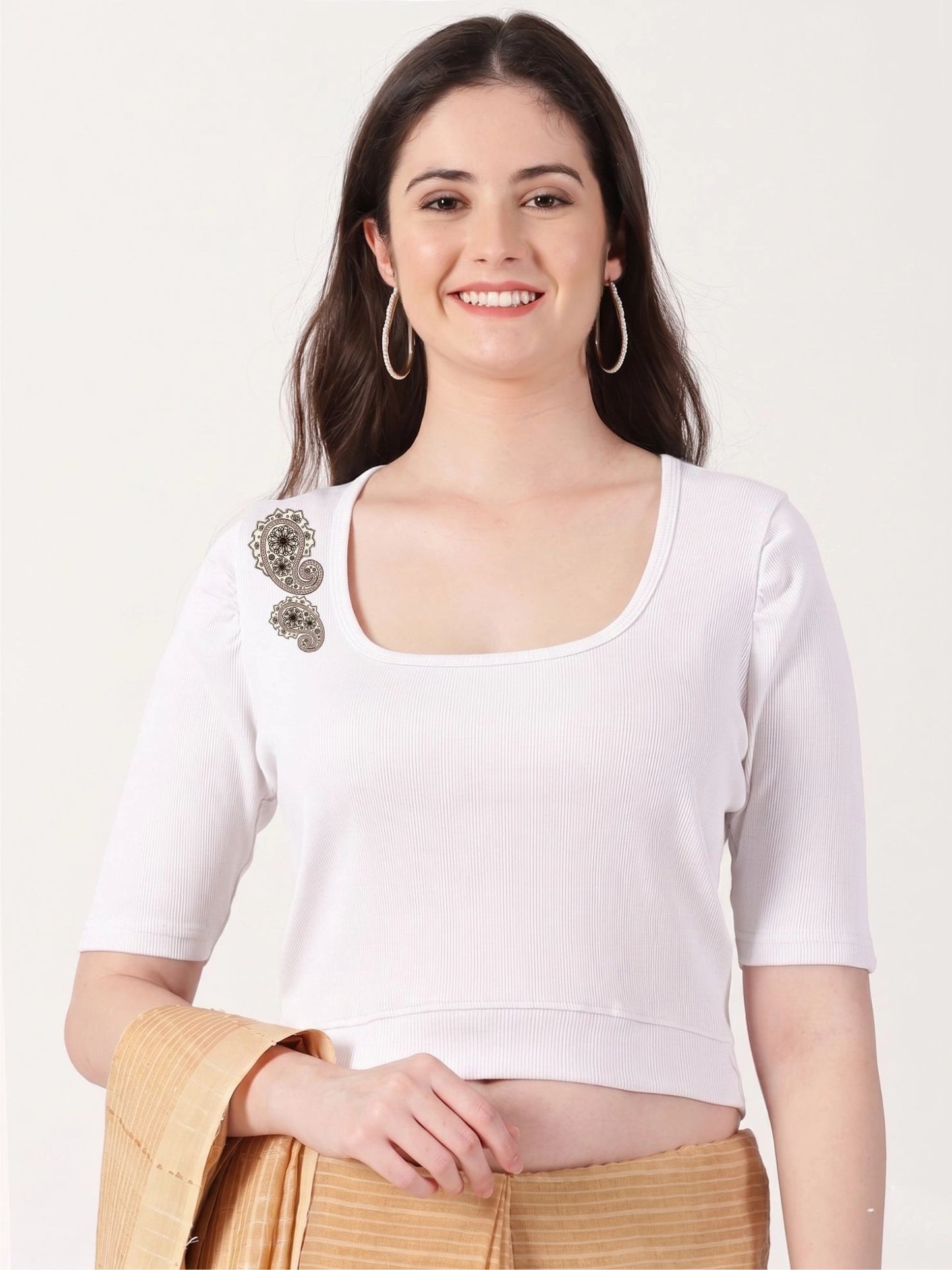 Women Stretchable Rib Square Neck Puff Sleeve Blouse Back Print U0248 White