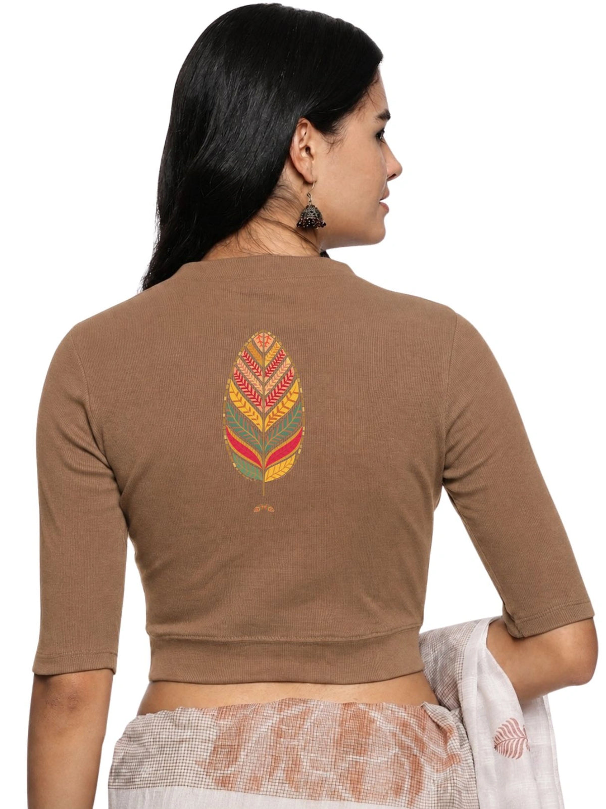 Women Back Printed Stretchable Elbow Sleeve RIB Blouse U0252 Biscuit