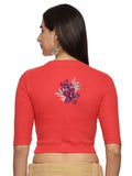 Women Back Printed Stretchable Elbow Sleeve RIB Blouse U0253 Coral