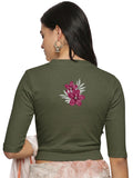 Women Back Printed Stretchable Elbow Sleeve RIB Blouse U0253 Olive Green
