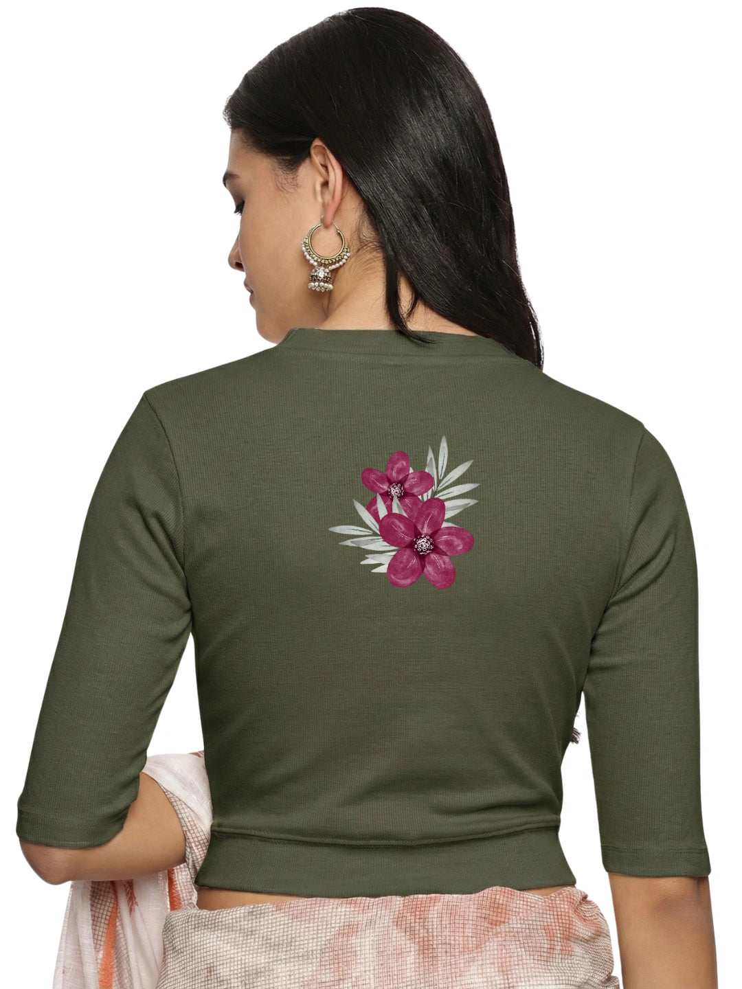 Women Back Printed Stretchable Elbow Sleeve RIB Blouse U0253 Olive Green