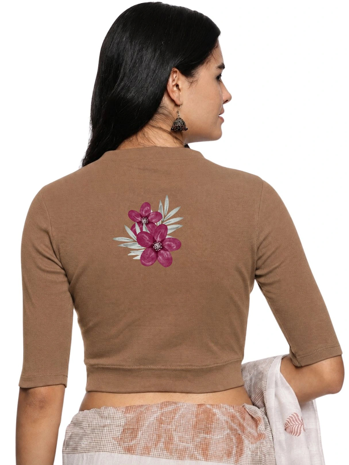 Women Back Printed Stretchable Elbow Sleeve RIB Blouse U0253 Biscuit