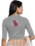 Women Back Printed Stretchable Elbow Sleeve RIB Blouse U0253 LT Steel Grey