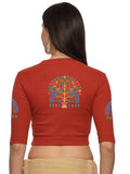 Women Back Printed Stretchable Elbow Sleeve RIB Blouse U0254 Rust