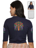 Women Back Printed Stretchable Elbow Sleeve RIB Blouse U0254 Navy