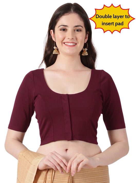 Women Front Open Plain Stretchable Half Sleeve Blouse U0261 Maroon
