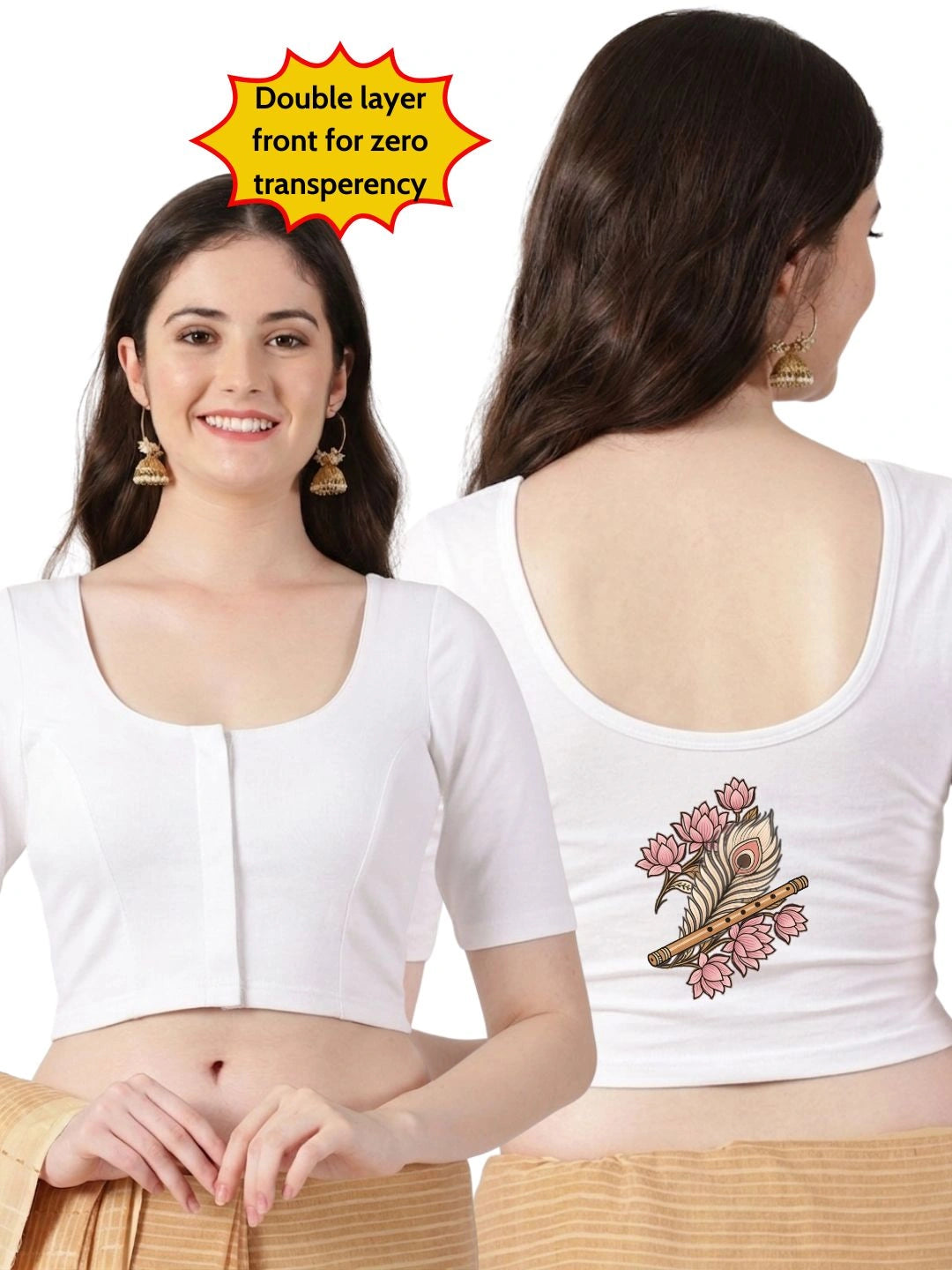 Women Front Open Back Printed Stretchable Half Sleeve Blouse U0262 White