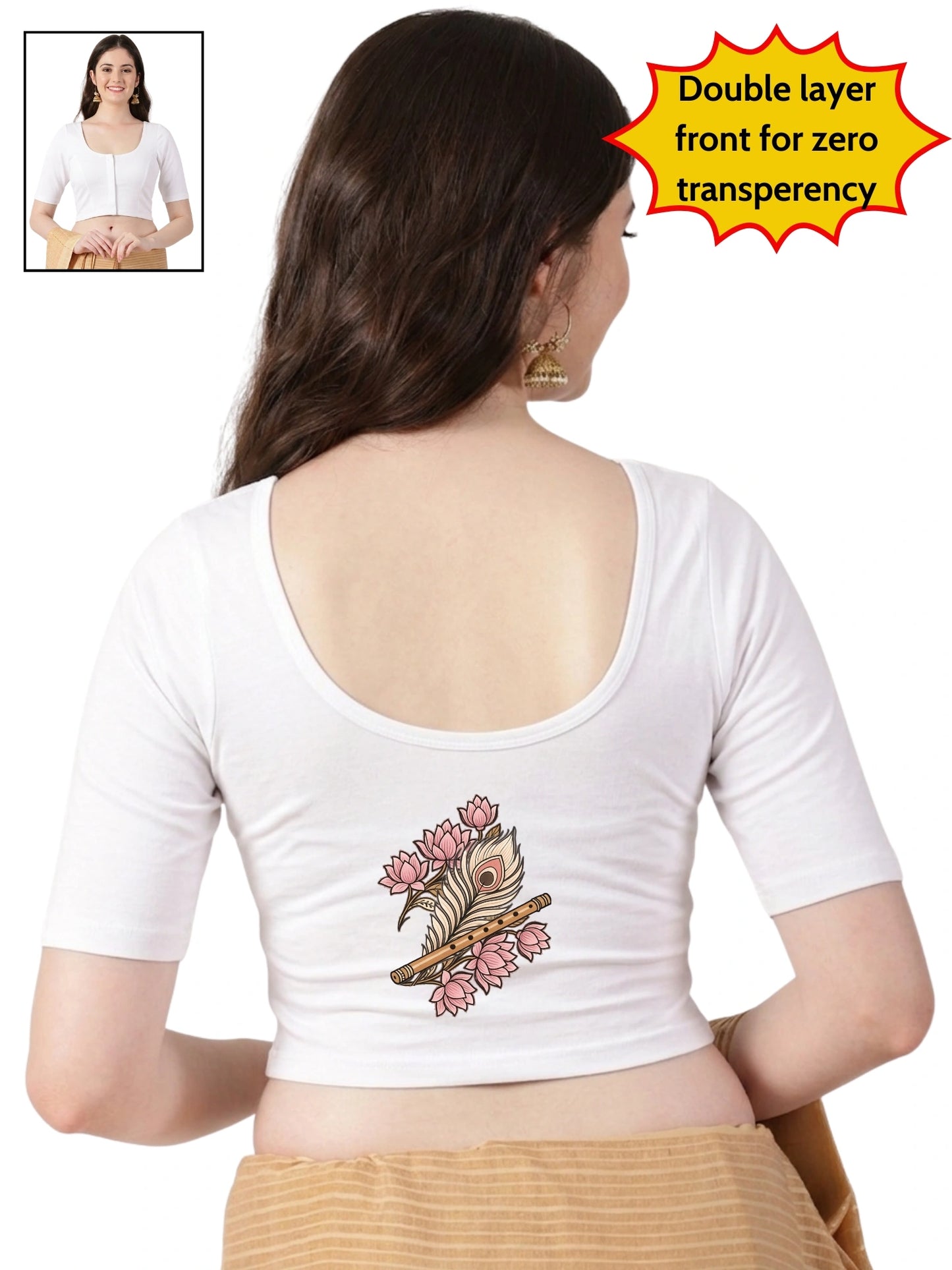 Women Front Open Back Printed Stretchable Half Sleeve Blouse U0262 White