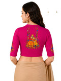 Women Mandarin Collar Back Printed Stretchable Elbow Sleeve Blouse U0267 Rani Pink
