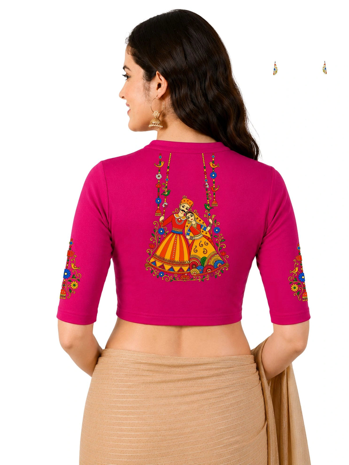 Women Mandarin Collar Back Printed Stretchable Elbow Sleeve Blouse U0267 Rani Pink