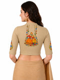Women Mandarin Collar Back Printed Stretchable Elbow Sleeve Blouse U0267 Beige