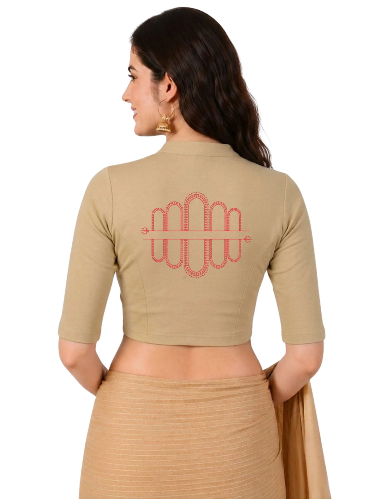 Women Mandarin Collar Back Printed Stretchable Elbow Sleeve Blouse U0268 Beige