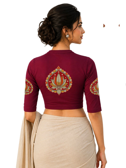 Women Mandarin Collar Back Printed Stretchable Elbow Sleeve Blouse U0269 Maroon