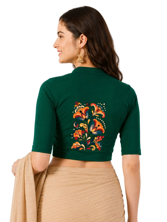 Women Mandarin Collar Back Printed Stretchable Elbow Sleeve Blouse U0270 Bottle Green