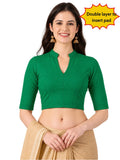 Women Mandarin Collar Plain Stretchable Elbow Sleeve Blouse U0271 Emerald Green