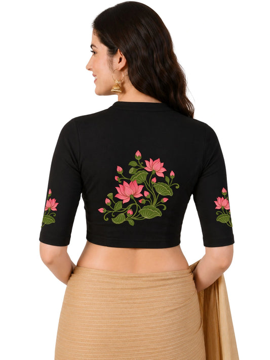 Women Mandarin Collar Back Printed Stretchable Elbow Sleeve Blouse U0273 Black