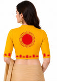 Women Mandarin Collar Back Printed Stretchable Elbow Sleeve Blouse U0274 Golden Yellow