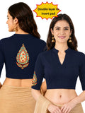 Women Mandarin Collar Back Printed Stretchable Elbow Sleeve Blouse U0279 Navy