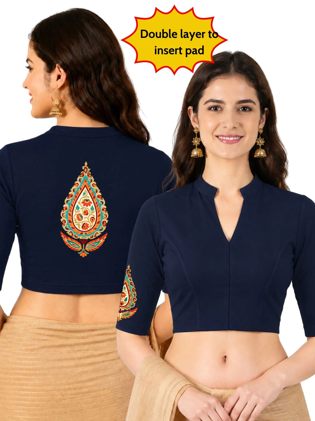 Women Mandarin Collar Back Printed Stretchable Elbow Sleeve Blouse U0279 Navy