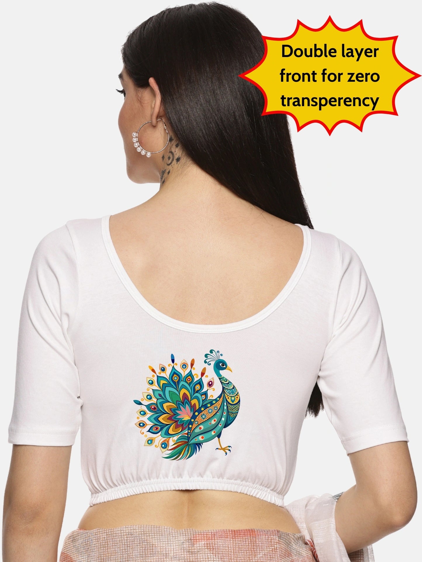 Women Back Printed Stretchable Half Sleeve Blouse U0135 White