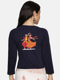 Women Three Fourth Sleeve Back Print Stretchable Blouse U0110 Navy