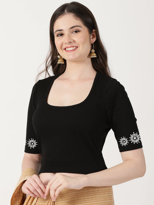 Women Stretchable Rib Square Neck Puff Sleeve Blouse Back Print U0244 Black