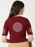 Women Stretchable Rib Square Neck Puff Sleeve Blouse Back Print U0245 Maroon