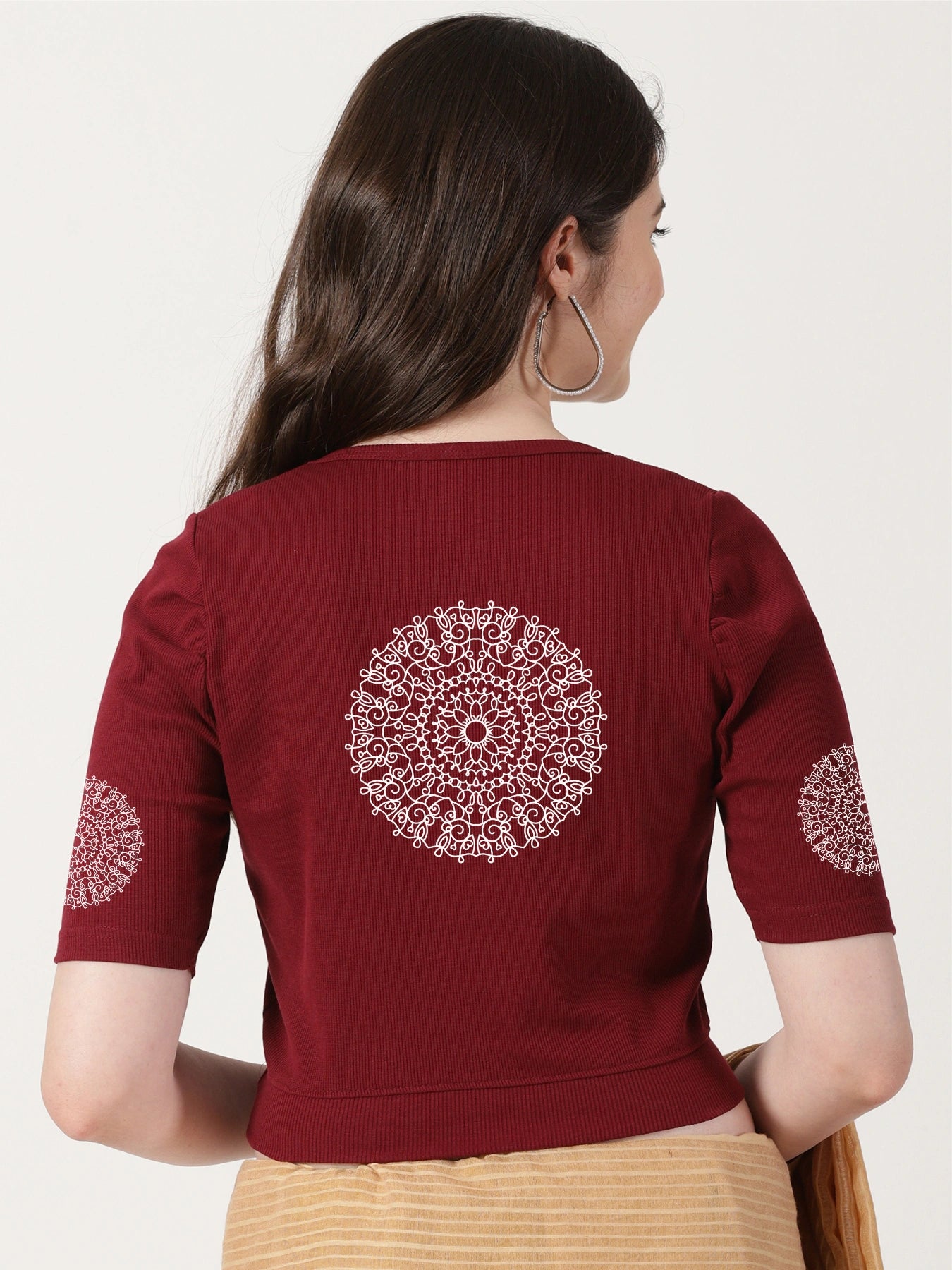 Women Stretchable Rib Square Neck Puff Sleeve Blouse Back Print U0245 Maroon