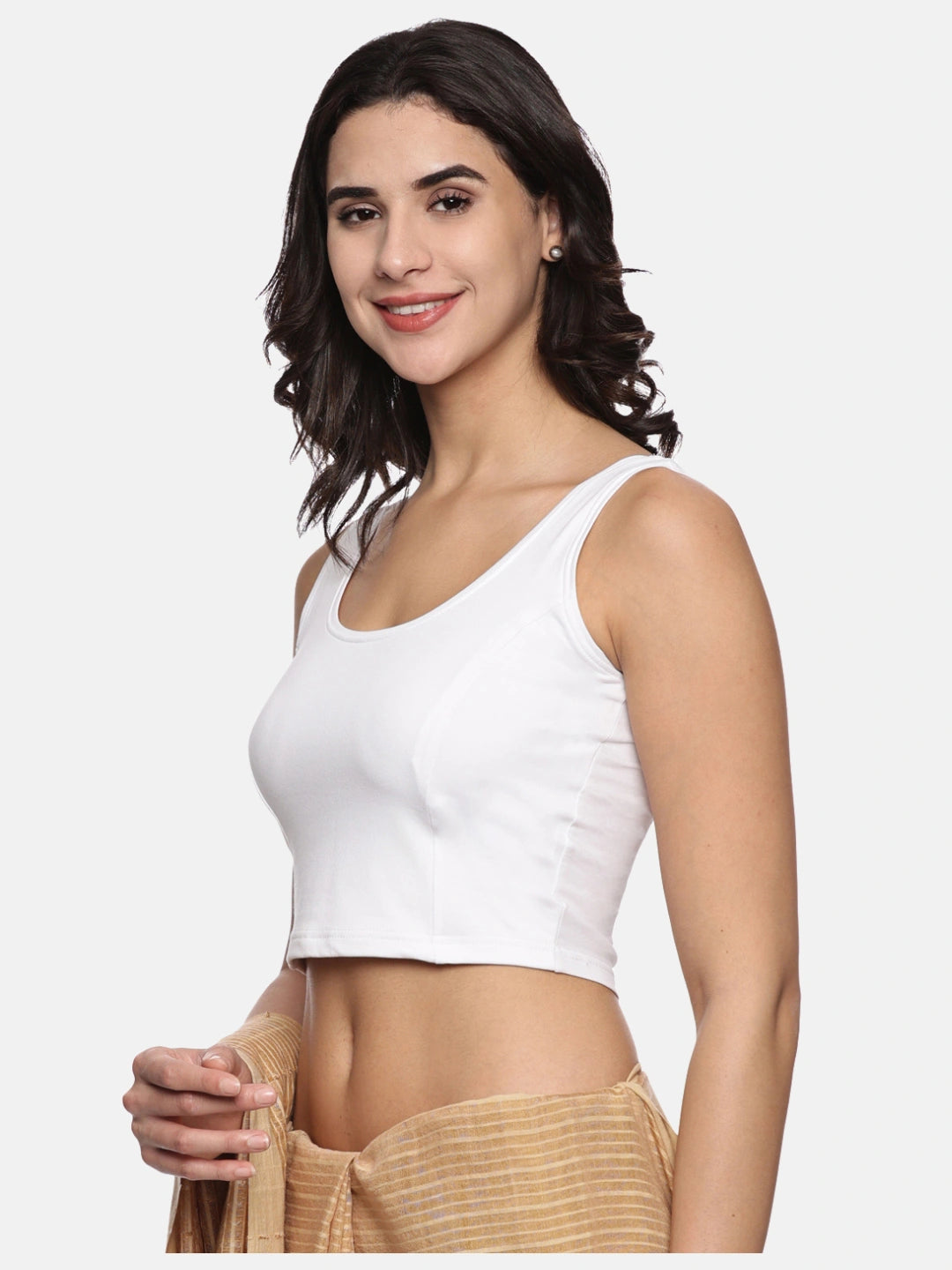 Women Sleeveless Back Printed Stretchable  Blouse U0202 White